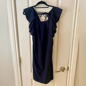Boutique navy blue dress with flair sleeves and tie back midi length